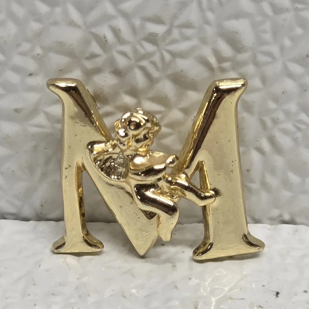 Initial Brooch L Razza Letter M Vintage Cherub Pin Gold Tone Grannycore